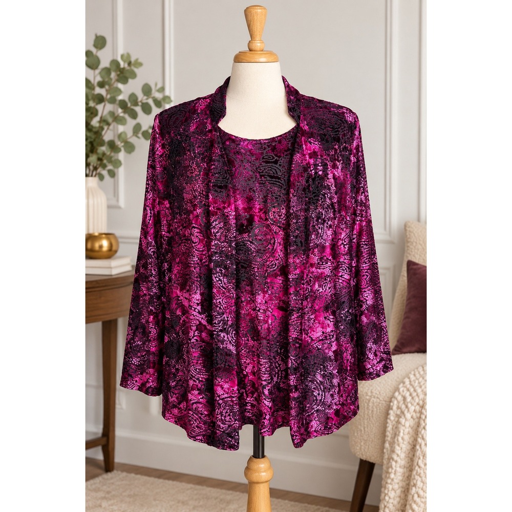 Plus Size 1X Magenta Velvet Burnout Paisley Tank Cardigan 2 Piece Evening Set